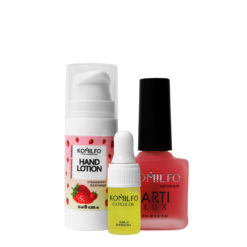 Komilfo Gift Hand Lotion Strawberry, 10 мл, Nail Fix Retinyl, 8 мл та олійка для кутикули, 2 мл
