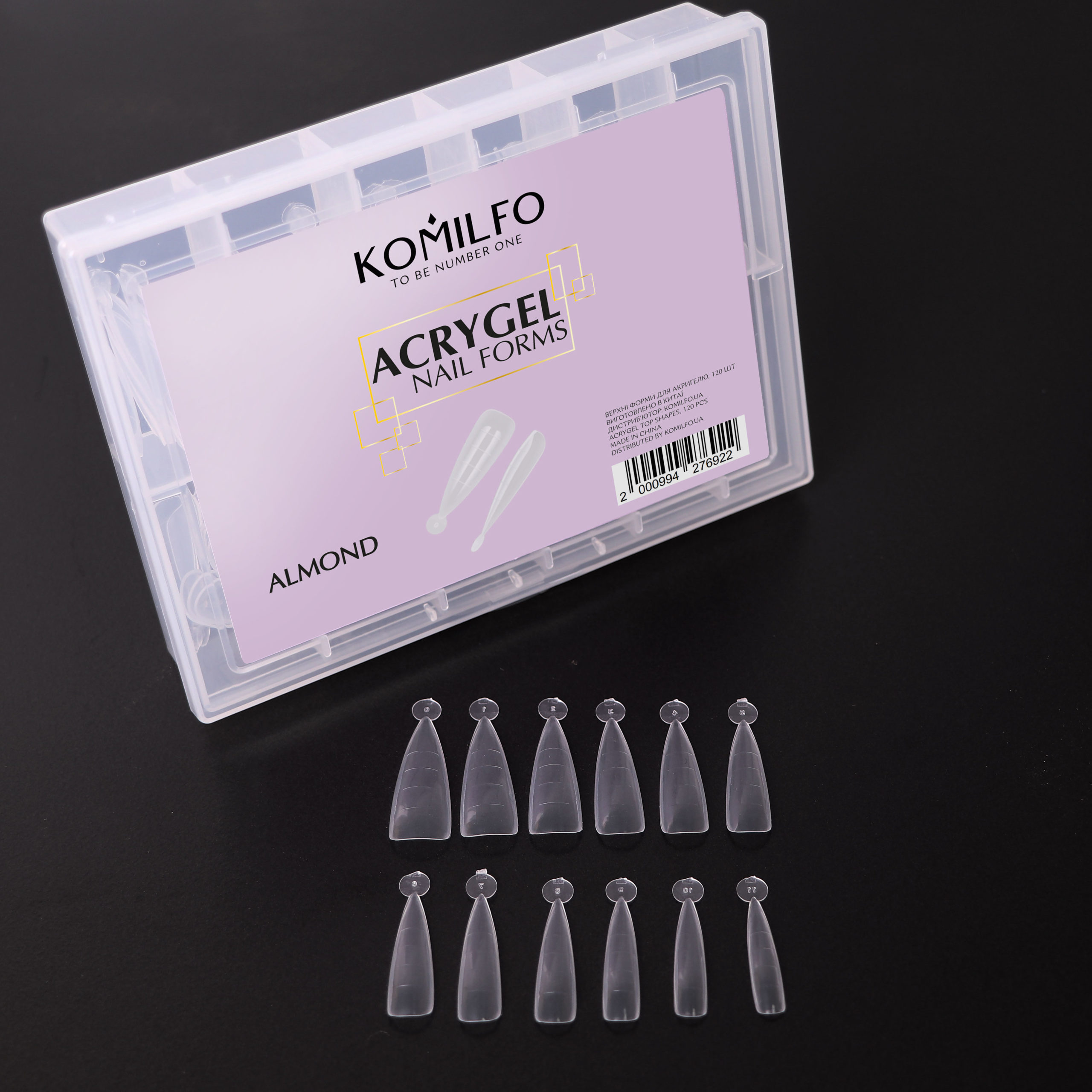 Gallery image of Komilfo Acry Gel Top Nail Forms, Almond. Верхні форми для нарощування, миндаль, 120 шт